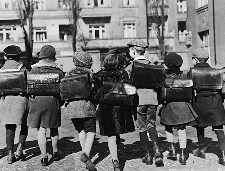 street;black & white;format landscape;male;female;back view;german;europe;top h 3765;m/edu/(ger) prim person human clothing apparel pedestrian helmet
