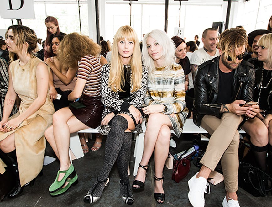 fashion designer catwalk runway celebrity new york ny person human clothing apparel shoe footwear sitting crowd