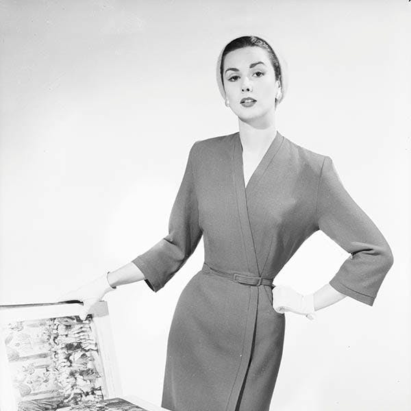 day dress;belt;hat;accessories;gloves;black & white;format portrait;female;publication;book;magazine;fashion clothing;cha 4181-71;m/clo/1950-59/dres/1956 clothing apparel dress female person human woman sleeve long sleeve