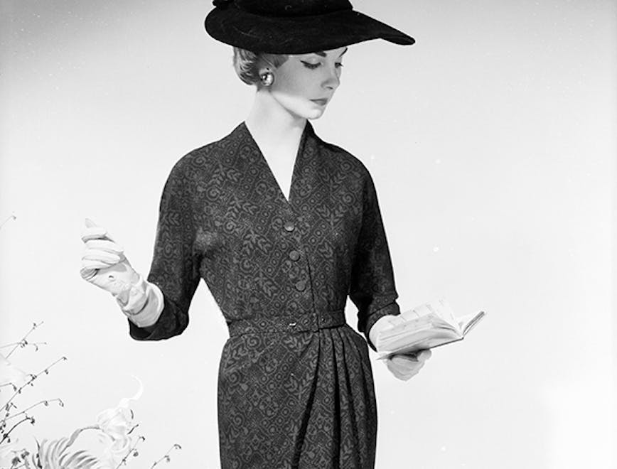 accessories;gloves;hat;belt;black & white;format portrait;female;publication;book;fashion clothing;cha 4181-149;m/clo/1950-59/dres/1956 dress clothing apparel person human female sleeve hat long sleeve woman