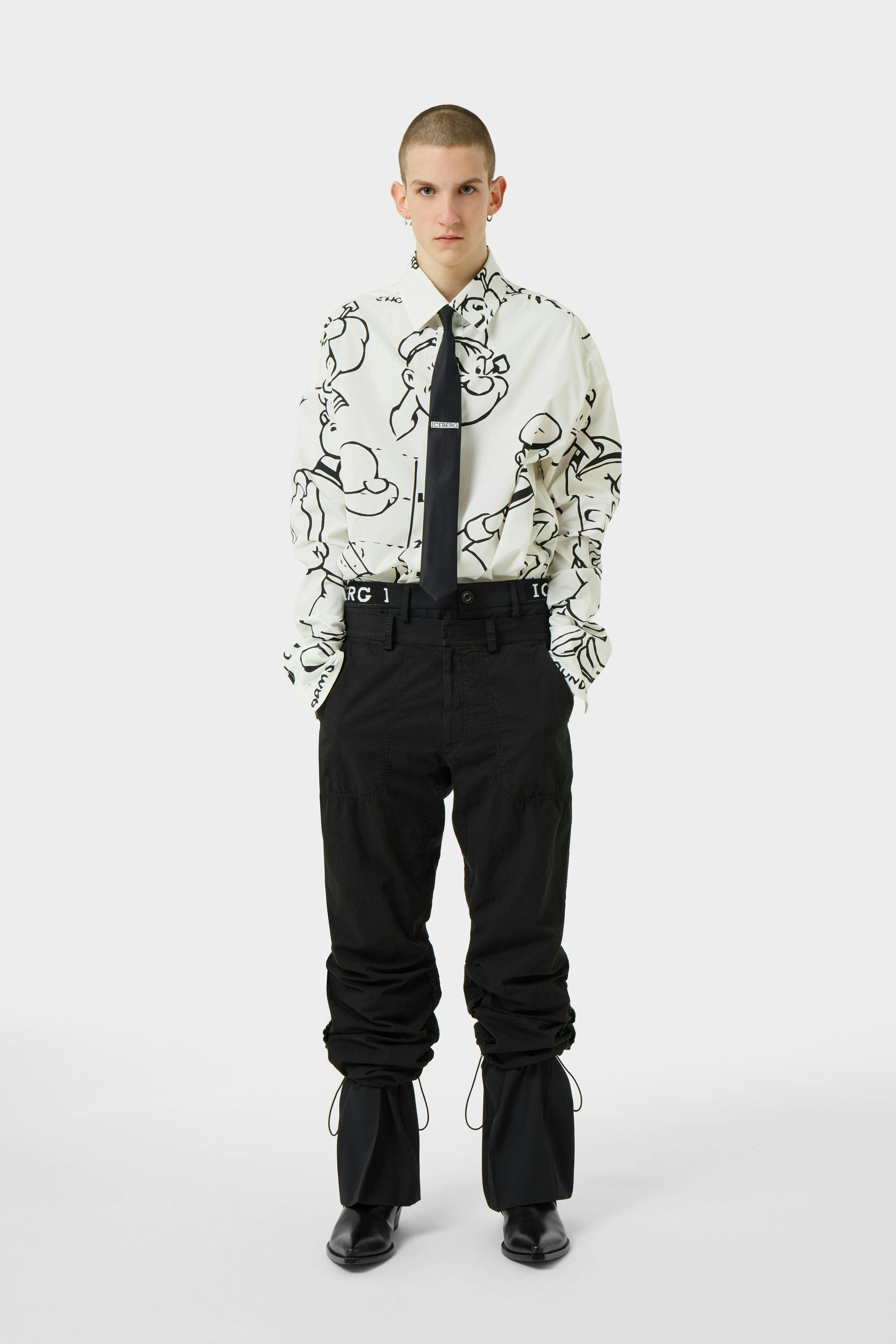 pants clothing apparel person human shirt suspenders